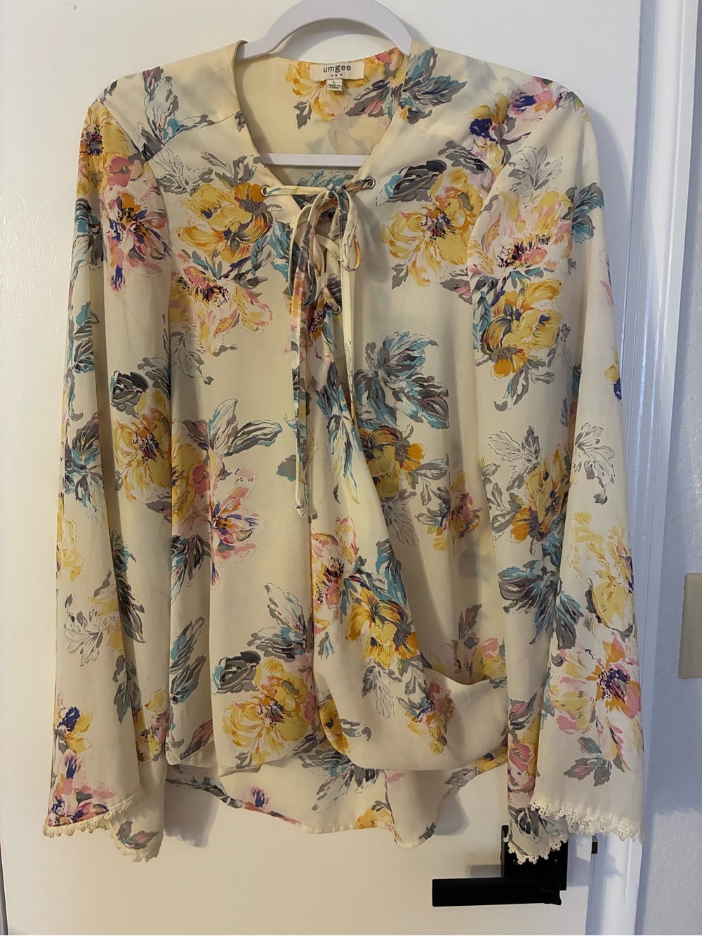 Umgee Cream Floral Tie-Front Blouse with Yellow & Blue Accents
